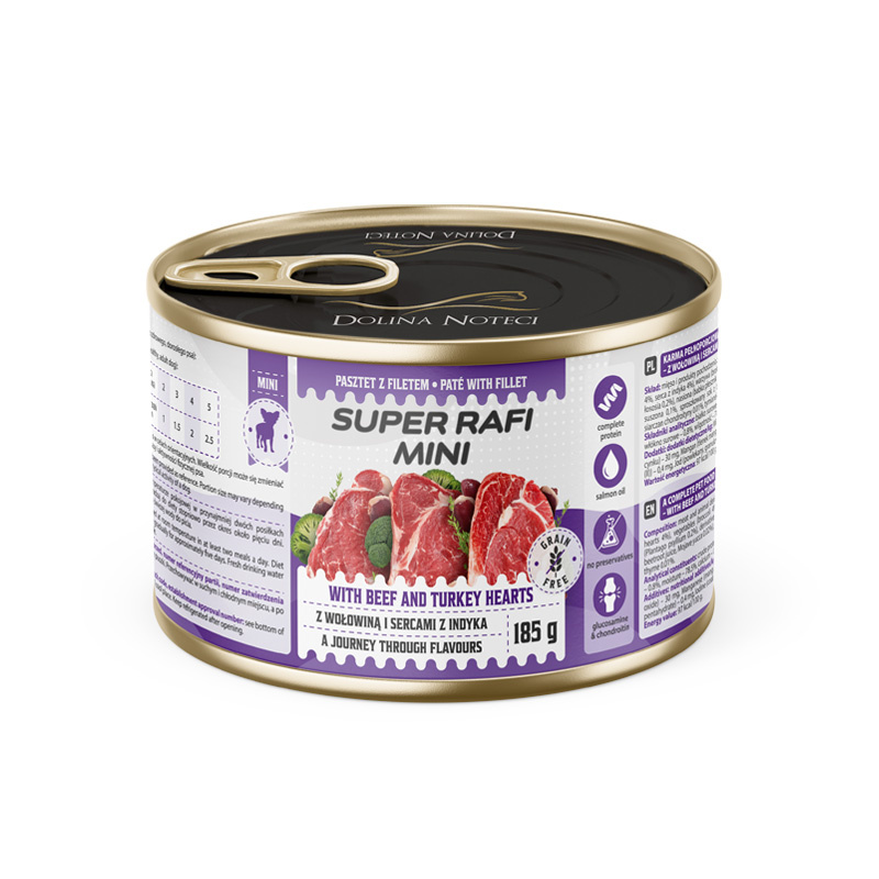 Super Rafi Mini Mokra karma dla psów małych ras z wołowiną i sercami z indyka 185 g