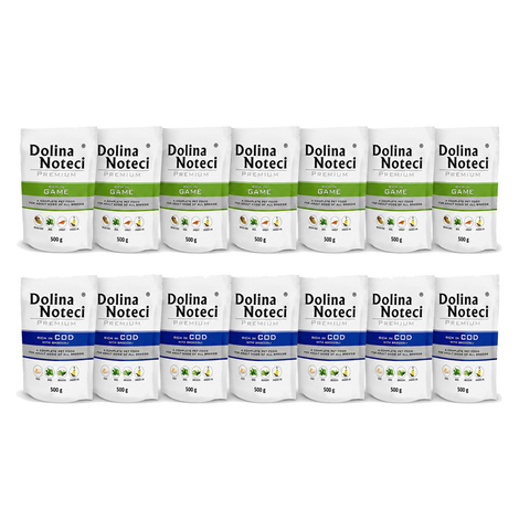 Mokra karma dla psa Dolina Noteci Premium bogata w dorsza i bogata w dziczyznę mix 14 x 500 g
