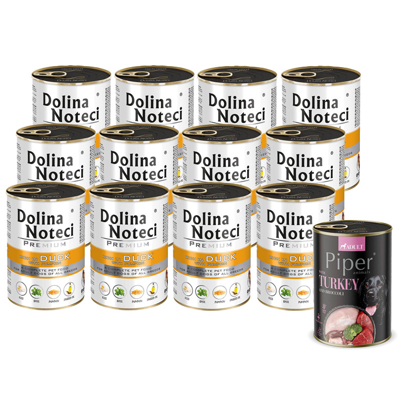 Mokra karma dla psa Dolina Noteci Premium bogata w kaczkę z dynią zestaw 12 x 400 g + Piper Animals z indykiem i brokułem 400 g Gratis