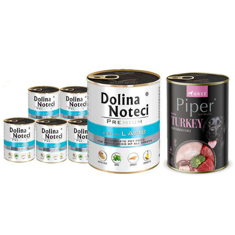 Mokra karma dla psa Dolina Noteci Premium bogata w jagnięcinę zestaw 6 x 800 g + Piper Animals z indykiem i brokułem 400 g Gratis