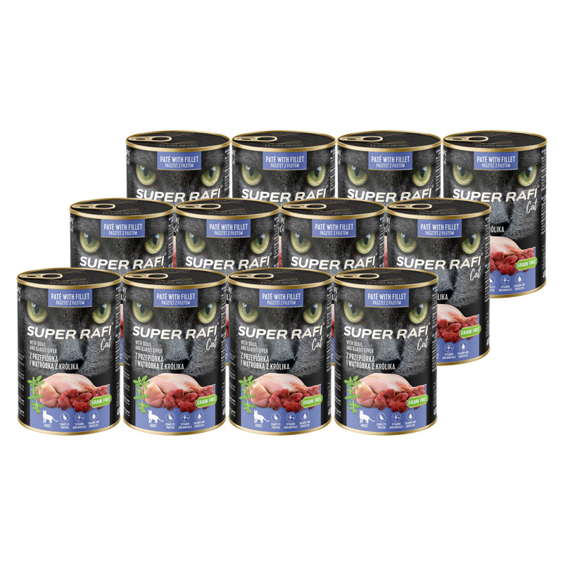 Karma mokra dla kotów Super Rafi Cat z przepiórką i wątróbką z królika zestaw 12 x 400 g