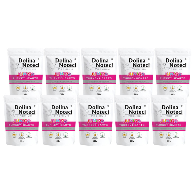 Mokra karma dla psa junior Dolina Noteci Premium bogata w serca z indyka zestaw 10 x 300 g