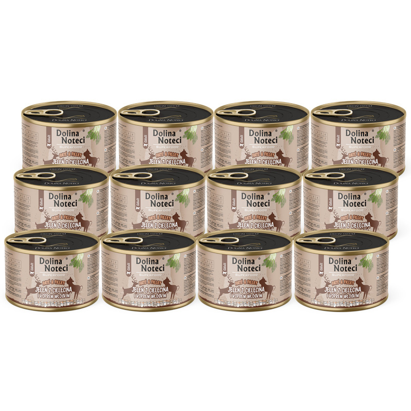Mokra karma dla kota jeleń z cielęciną i koprem włoskim Dolina Noteci Superfood Pasztet & Filet zestaw 12 x 185 g