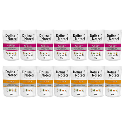 Mokra karma dla psa Dolina Noteci Premium bogata w kaczkę i bogata w indyka mix 14 x 500 g