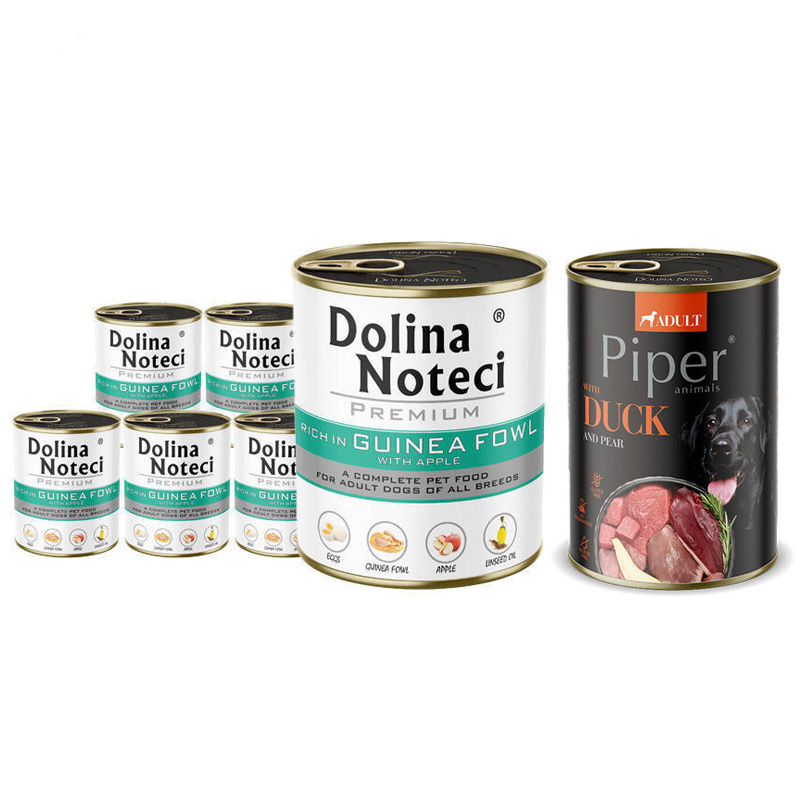 Mokra karma dla psa Dolina Noteci Premium bogata w perliczkę z jabłkiem zestaw 6 x 800 g + Piper Animals z kaczką i gruszką 400 g Gratis