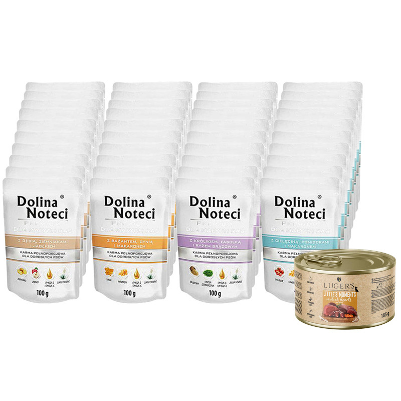 Mokra karma dla psów małych ras Dolina Noteci Premium Mix 40 x 100 g + gratis Luger's Little's Moments z sercami z kaczki 185 g