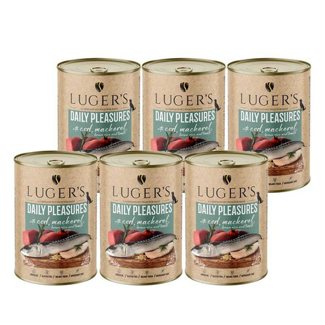 ARCHIWUM Karma mokra dla psa Luger's Daily Pleasures z dorszem, makrelą, pomidorem i ryżem brązowym zestaw 6 x 400 g