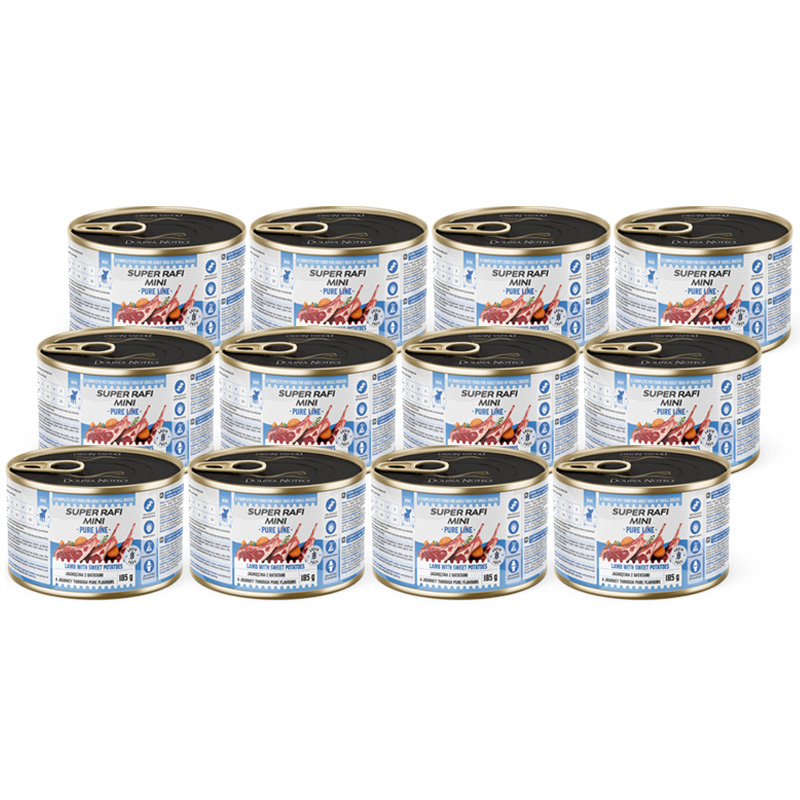 Super Rafi Mini Pure Line Mokra karma dla psów małych ras z jagnięciną i batatami zestaw 12 x 185 g