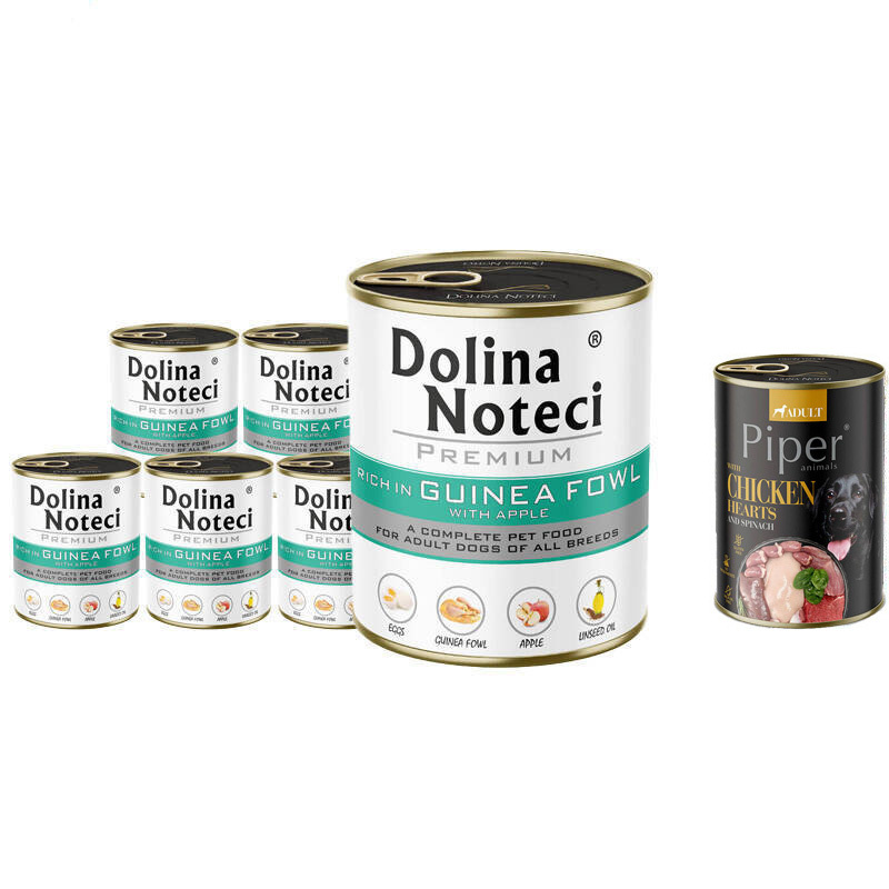 Mokra karma dla psa Dolina Noteci Premium bogata w perliczkę z jabłkiem zestaw 6 x 800 g + gratis Piper Animals z sercami z kurczaka i szpinakiem 400
