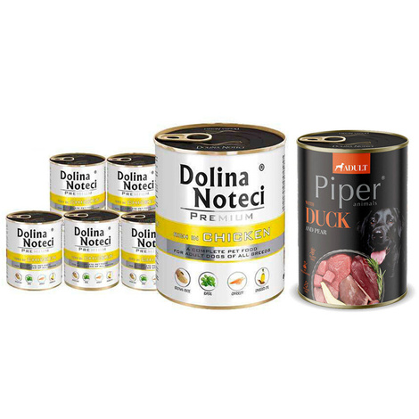 Mokra karma dla psa Dolina Noteci Premium bogata w kurczaka zestaw 6 x 800 g + Piper Animals z kaczką i gruszką 400 g Gratis