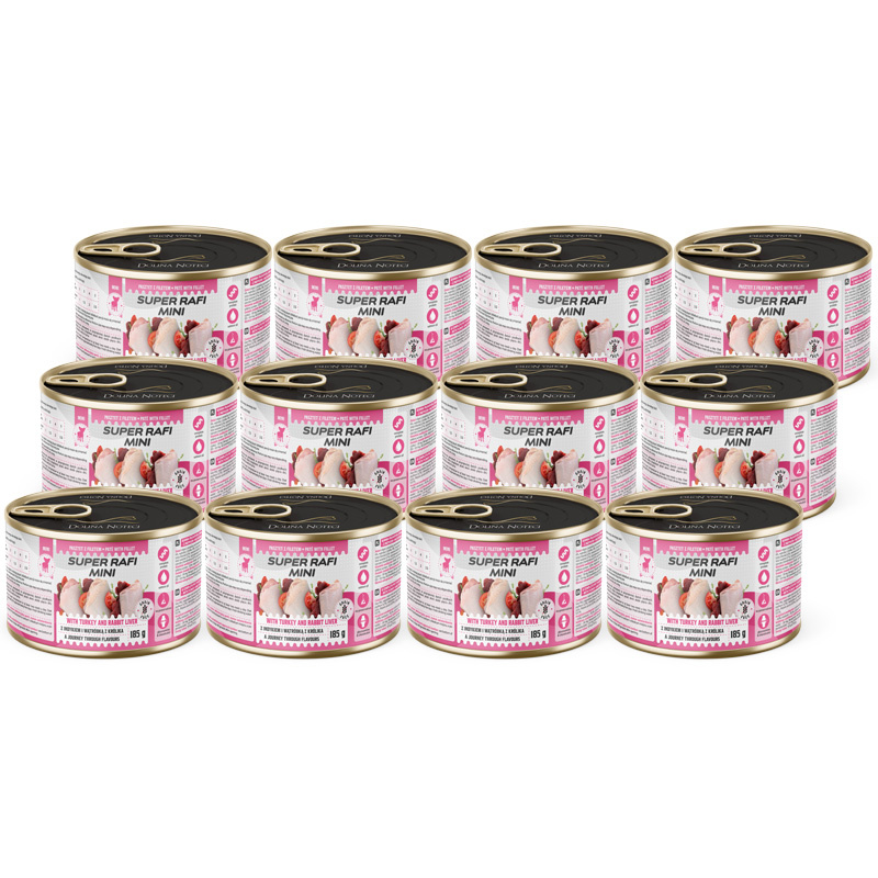 Super Rafi Mini Mokra karma dla psów małych ras z indykiem i wątróbką z królika zestaw 12 x 185 g