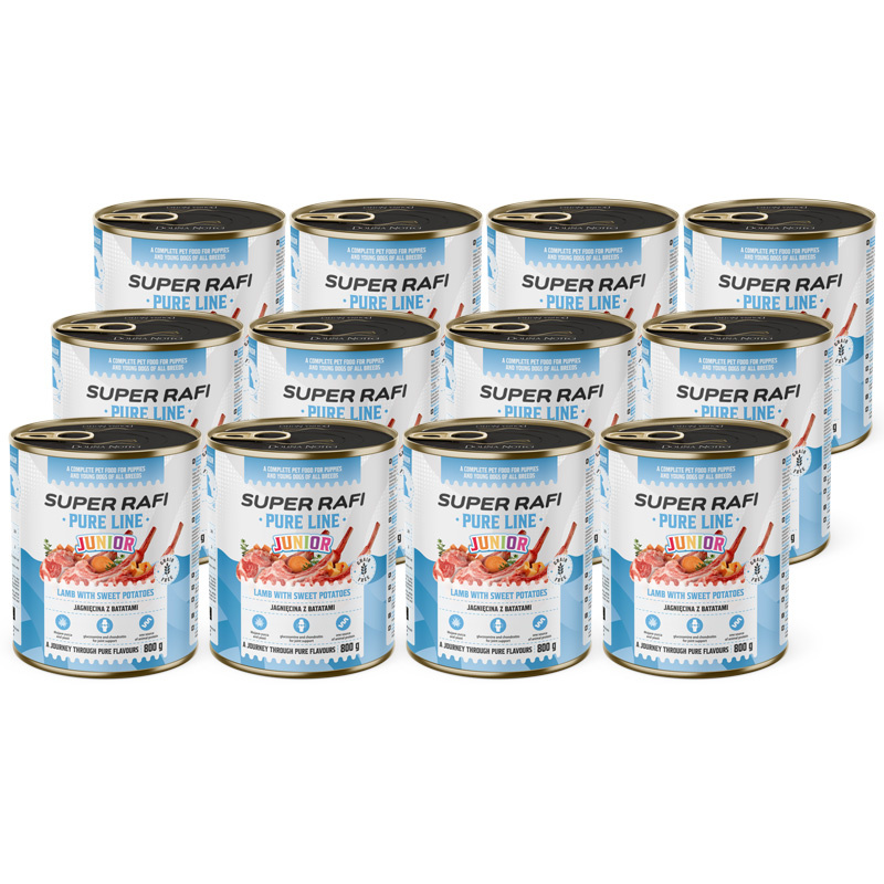 Super Rafi Pure Line Junior Mokra karma dla szczeniąt i młodych psów - jagnięcina z batatami zestaw 12 x 800 g