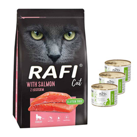 Karma sucha dla kota Rafi Cat Sterilised z łososiem 7 kg + 4Vets karma mokra dla kota sterylizowanego 3 x 185 g