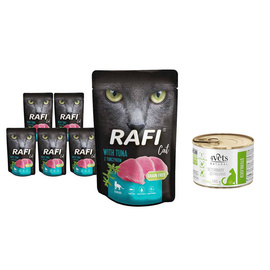 Mokra karma dla kotów sterylizowanych Rafi Cat Adult z tuńczykiem zestaw 10 x 100 g + 4Vets dla kota sterylizowanego 185 g gratis