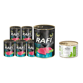 Mokra karma dla kotów sterylizowanych Rafi Cat z tuńczykiem zestaw 12 x 400 g + 4Vets dla kota sterylizowanego 185 g gratis