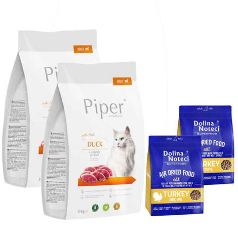 Karma sucha dla kota Piper Animals z kaczką 2 x 3 kg + Dolina Noteci Superfood danie z indyka karma suszona dla kota 2 x 1 kg