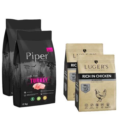 Karma sucha dla psa Piper Animals Junior z indykiem 2 x 12 kg + Luger’s karma suszona dla psa bogata w kurczaka 2 x 1 kg
