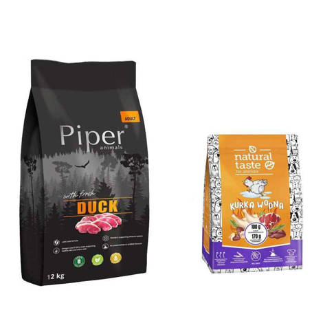 Karma sucha dla psa Piper Animals z kaczką 12 kg + Karma suszona Natural Taste Kurka Wodna 1 kg