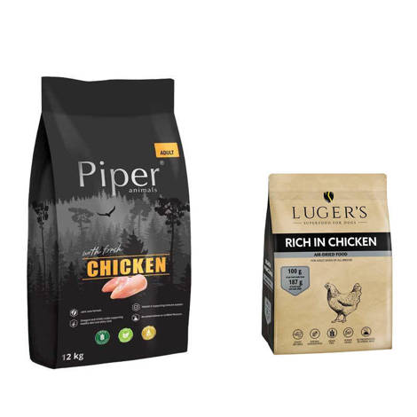 Karma sucha dla psa Piper Animals z kurczakiem worek 12 kg + Luger’s karma suszona dla psa bogata w kurczaka 1 kg