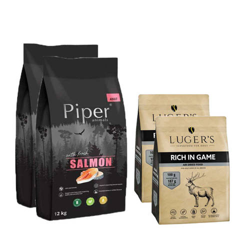Karma sucha dla psa Piper Animals z łososiem 2 x 12 kg + Luger’s karma suszona dla psa bogata w dziczyznę 2 x 1 kg