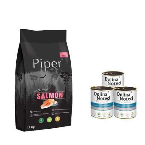 Karma sucha dla psa Piper Animals z łososiem zestaw 12 kg + 3 x 800 g Dolina Noteci Premium pstrąg