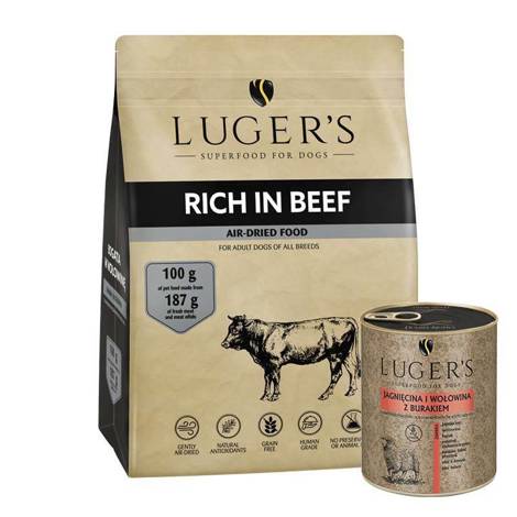 Luger’s karma suszona dla psa bogata w wołowinę 1 kg + Luger’s jagnięcina i wołowina z burakiem 800 g GRATIS