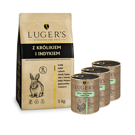 Sucha karma dla psa Luger’s z królikiem i indykiem 5 kg + 3 x Luger’s z indykiem i wołowiną z batatami  800 g