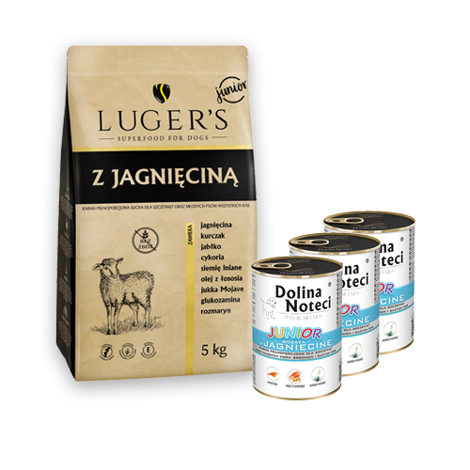 Sucha karma dla psa junior Luger’s z jagnięciną 5 kg + 3 x 400 g Dolina Noteci Premium junior jagnięcina